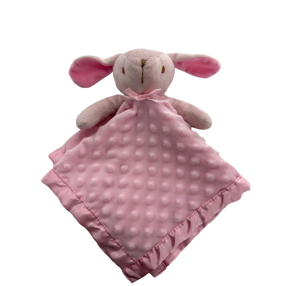 Pink Plush Bunny Lovey Security Blanket Satin Trim‎ And Dotted Texture Baby Girl